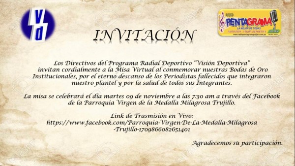 INVITACION: MISA POR LOS 50 AÑOS DE VISIÓN DEPORTIVA